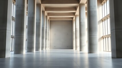 Vast architectural space with smooth concrete columns and diffused natural light, symmetrical and minimalist.