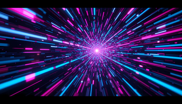 Abstract hyperspace tunnel with pink and blue neon lights converging towards a bright center point