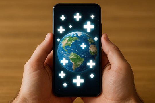 Hands holding smartphone displaying earth surrounded by glowing plus signs