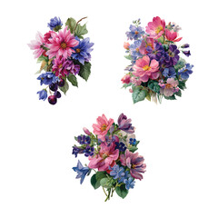 Three watercolor floral arrangements with pink purple and blue flowers