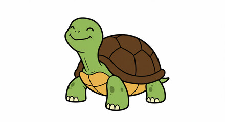 Obraz premium Cartoon illustration of a happy green turtle with a brown shell, standing on a white background.