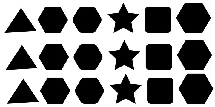 Set of geometric figures in different styles. Triangle, square or squircle, pentagon, hexagon, Star, Oxagon. Vector illustration
