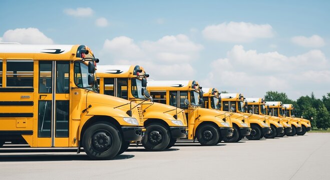 Line of yellow school buses on a sunny day with blue skies and clouds