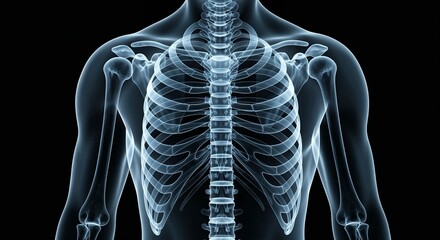 Detailed chest x-ray showcasing rib cage, sternum and spine structure. Chest x-ray visualizes skeleton, medical diagram and anatomical elements for doctors and students. Diagnostic chest x-ray image,
