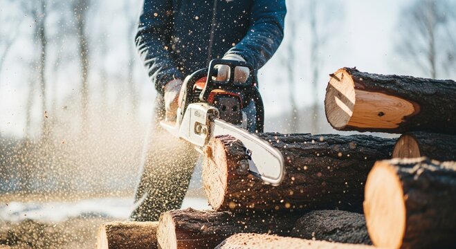 Male cutting firewood with chainsaw in winter forest setting