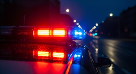 Fototapeta premium Police car with flashing lights on empty night street