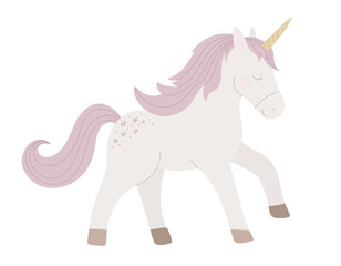 Vector illustration of a pastel pink Unicorn with a flowing mane and closed eyes. Art of fairy tale Horse or Pony for children prints, fantasy cards or nursery posters. Drawing for girl party.