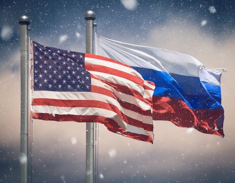 flags of russia and usa waving in the same direction; snow is falling