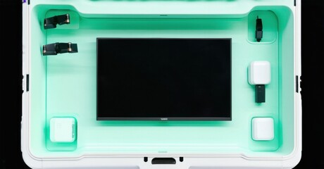 Obraz premium Equipment inside protective case. Teal illumination highlights components, suggesting portable studio setup. Compact design for transport.