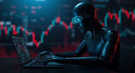 A futuristic humanoid robot wearing glasses is analyzing stock market data on a laptop, with financial charts displayed in the background.