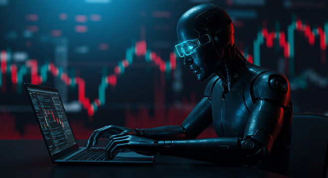 A futuristic humanoid robot wearing glasses is analyzing stock market data on a laptop, with financial charts displayed in the background.