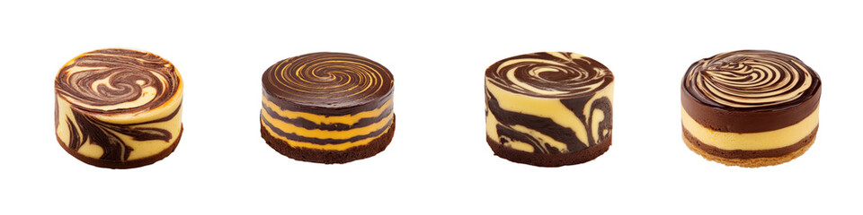 Four round desserts with chocolate and vanilla swirls and chocolate bases
