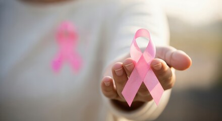 Woman holding pink ribbon in her hand. Breast Cancer Awareness Month symbol for support and health.