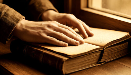Hands Gently Resting on Old Leather Book Bathed in Warm Daylight