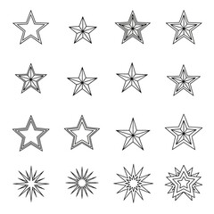 Obraz premium Vector illustration of collection of star shapes and symbols in outline style, isolated on white background