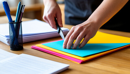 Left-Handed Person Precisely Cutting Colorful Paper with Specialized Scissors