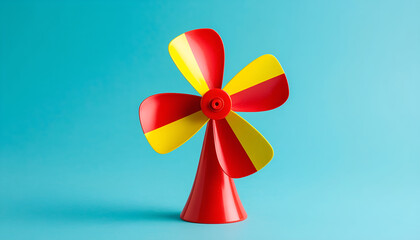 Vibrant Red and Yellow Toy Fan on Blue Background