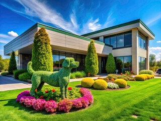 Modern veterinary hospital design:  landscaped exterior, welcoming dog sign, stylish architecture.