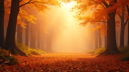Golden sunlight breaking through the mist over a forest path blanketed in colorful autumn leaves