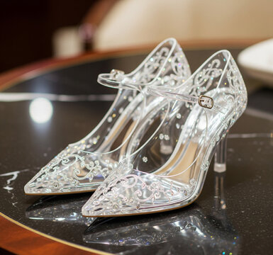 Elegant clear glass slippers with intricate lace design