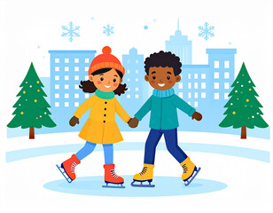 Fototapeta premium Smiling boy and girl ice skating together on an outdoor rink in a winter city park, surrounded by decorated Christmas trees and falling snowflakes, enjoying the festive season.