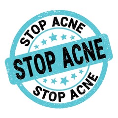 STOP ACNE text written on blue-black round stamp sign.