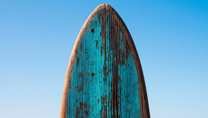 Weathered Blue Wooden Surfboard Against Clear Sky