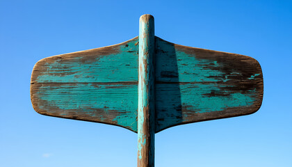 Distressed Teal Wooden Signpost Against Clear Blue Sky