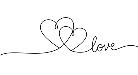 Vector illustration of two intertwined hearts forming the word love in a continuous line drawing, symbolizing romance and deep affection