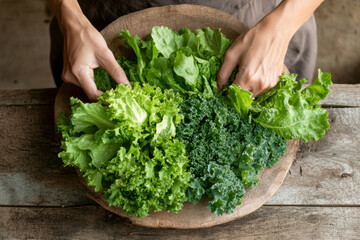 Fresh green lettuce and kale leaves in wooden bowl held by hands on rustic wooden table, healthy natural food concept