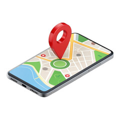 3d navigation pin on smartphone map isolated on transparent background