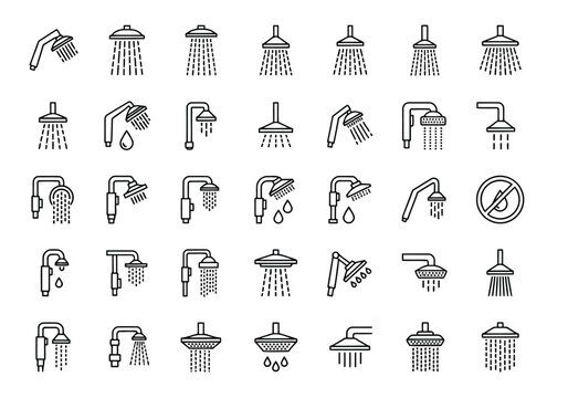 Vector illustration of collection of various shower head icons with water spray, isolated on white background