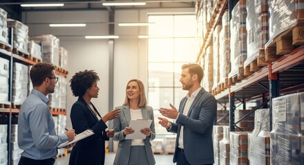 Diverse professionals discuss logistics in modern warehouse setting