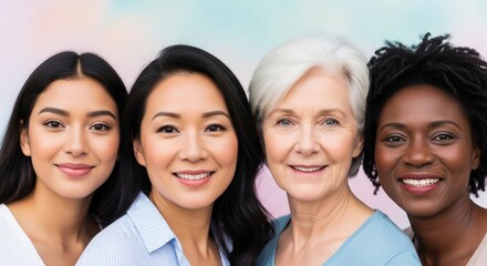 Diverse women's portrait: young and elderly caucasian and asian friendship
