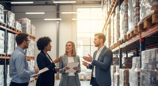 Diverse professionals discuss logistics in modern warehouse setting