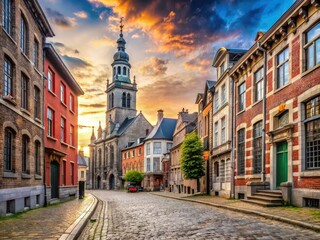 Mons, Belgium: Cobblestone streets, a historic church, and iconic belfry beautifully photographed, showcasing Hainaut's architecture.
