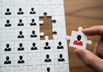 A hand holds a puzzle piece with a person icon to complete a jigsaw puzzle representing teamwork