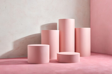 Five pastel pink cylindrical pedestals arranged on a pink surface against a textured light wall