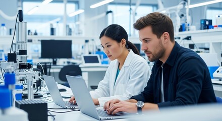 Focused young researchers working on laptops in modern laboratory setting