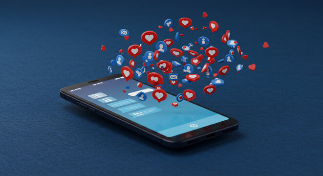 Smartphone displaying a social media interface with floating icons of likes, comments, and shares against a blue background.