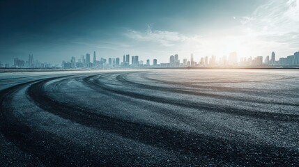 Urban Landscape with Empty Asphalt Road and City Skyline at Dusk, Perfect for Automotive Advertising