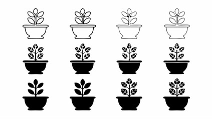Collection of twelve potted plants in black and white with varying leaf styles and pot designs |  editable eps vectors silhouette