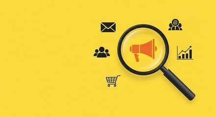 Magnifying glass over megaphone and marketing icons