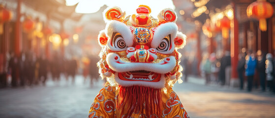 A colorful traditional Chinese lion dance against the backdrop of a festive street filled with people and decorated with red lanterns is useful for articles about cultural events and festivals.
