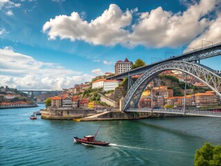 Obraz premium Dom Luis Bridge Stretching Over The Douro River Amid Bright Skies And Colorful Homes