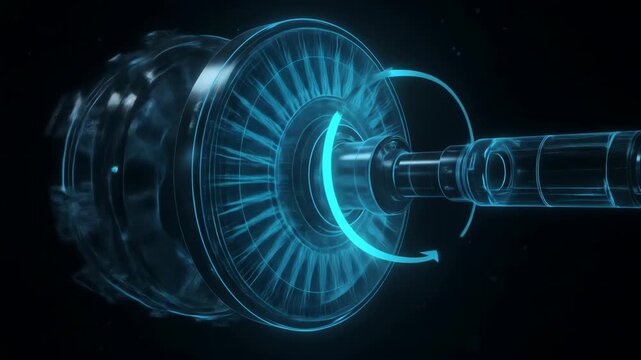 Rotating Turbine Engine Animation with Blue Arrows and Wireframe Design