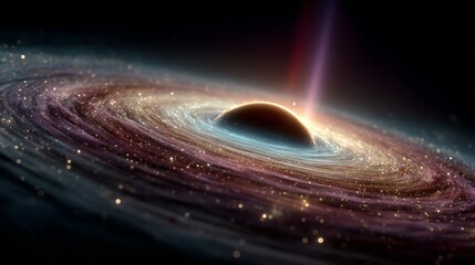 black hole with colorful rings and swirling accretion disk in space