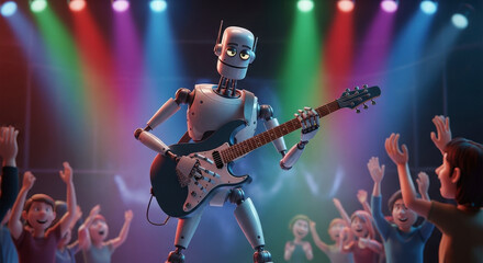Friendly retro robot playing an electric guitar on stage in front of a cheering crowd, a whimsical digital painting with a rock and roll atmosphere