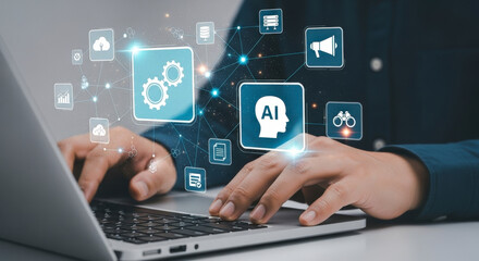 Professional working on a laptop with a floating AI icon and other symbols, a conceptual illustration of artificial intelligence and technology