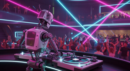 Modern robotic DJ performing in a nightclub with neon lights and a dancing crowd, a futuristic digital painting with a vibrant atmosphere